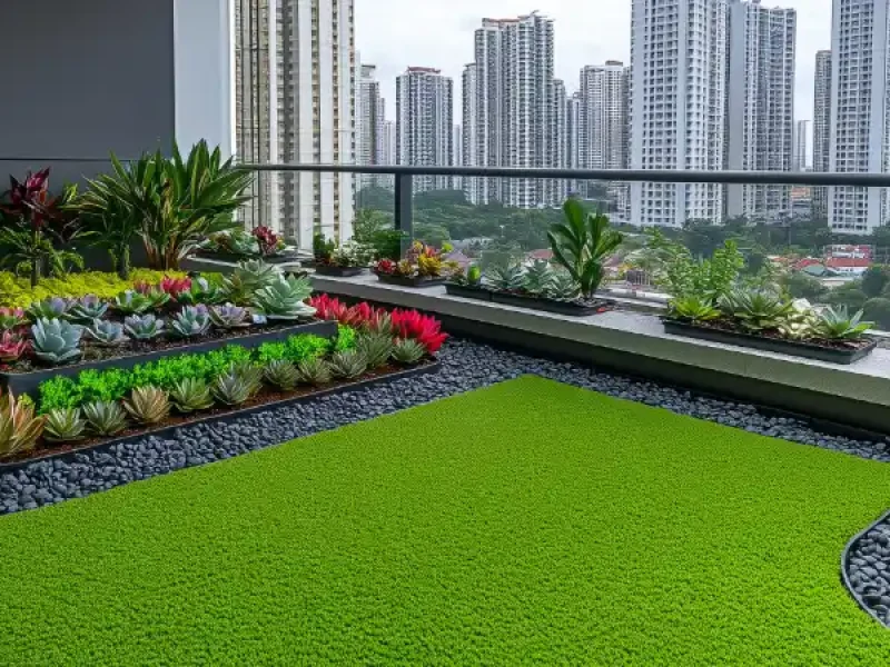 Césped artificial en la terraza de un ático con vistas a la ciudad
