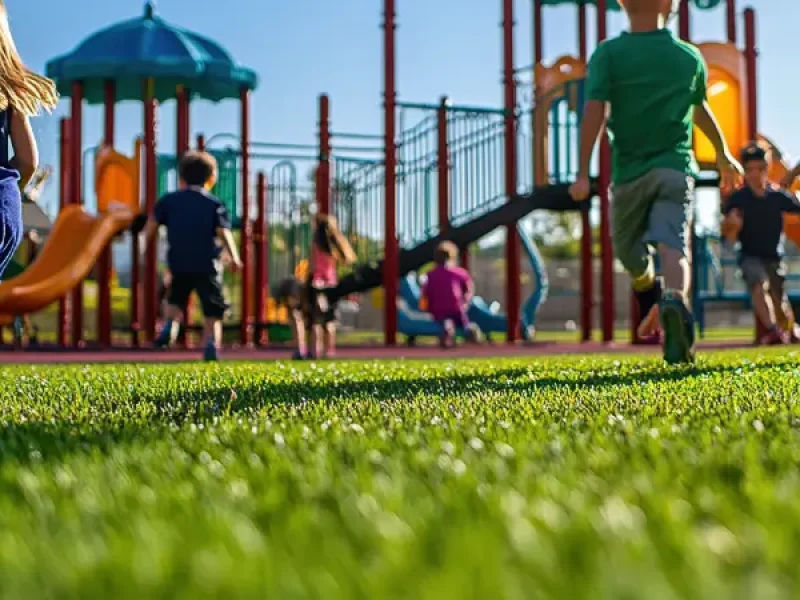 Niños corriendo sobre césped artificial en un parque infantil