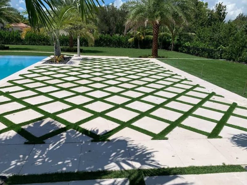 cesped piscina adoquines y palmeras
