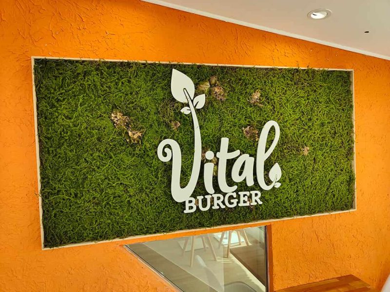 Logotipo de Vital Burger sobre musgo preservado