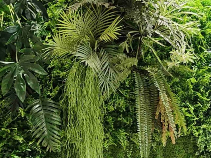 Jardín vertical artificial con helechos y plantas tropicales