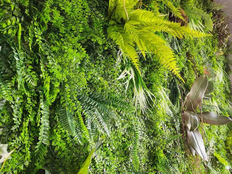 Detalle de jardín vertical artificial con helechos
